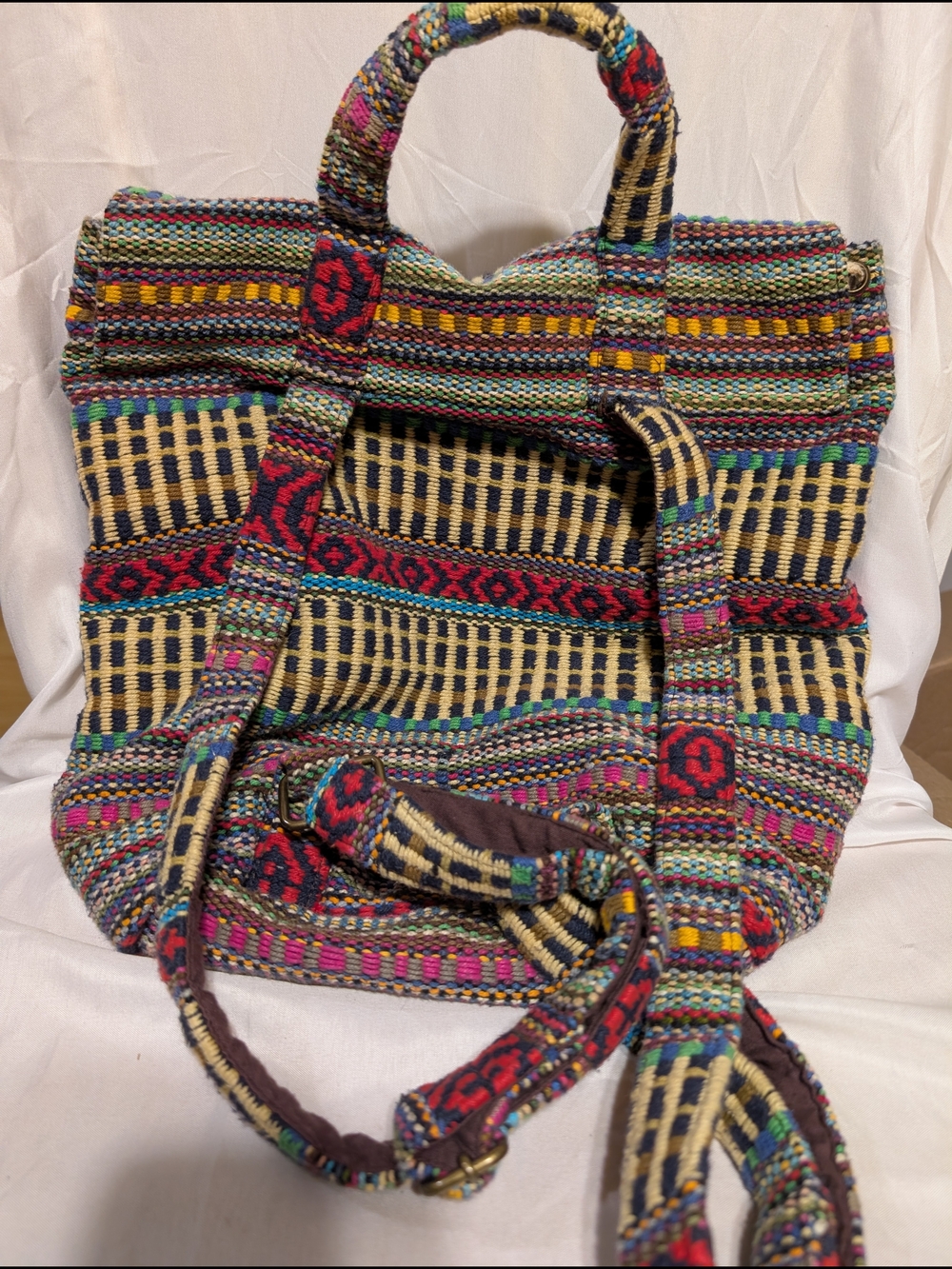World Market Multicolor Woven Backpack with Brown Leather Buckle - Picture 2 of 10